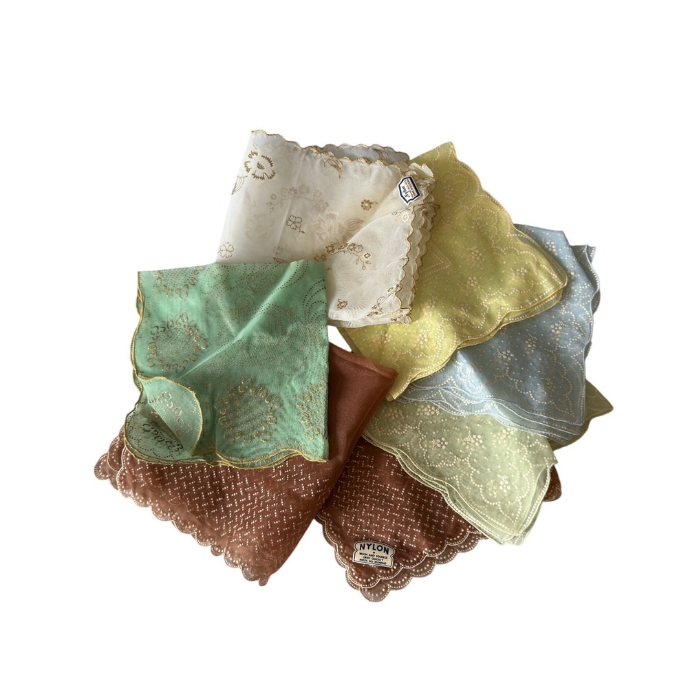 Vintage Sheer Nylon Handkerchief Set 7pc Floral Embroidered Scalloped Edge Swiss